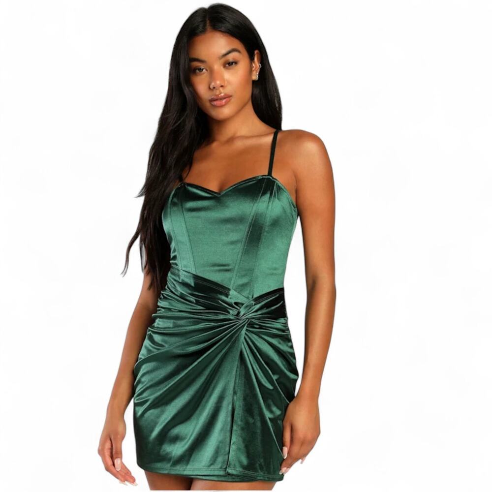 Lulus Best Night Out Emerald Green Satin Twist-Front Mini Dress Size L Glam NWT